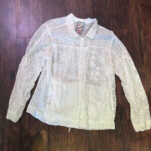 Johnny Was White Lace Embroidered Button Front Blouse Size M Boho
